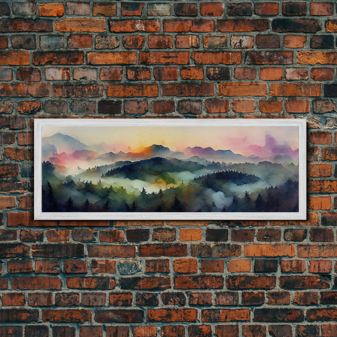 Dramatic Watercolor Sunset Landscape, Ready To Hang Canvas Print, Panoramic, Emerald Green Landscape Wall Decor