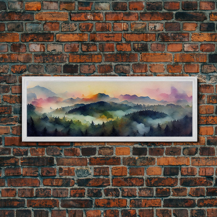 Dramatic Watercolor Sunset Landscape, Ready To Hang Canvas Print, Panoramic, Emerald Green Landscape Wall Decor