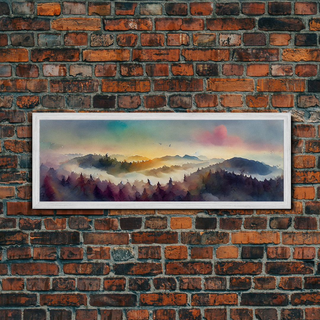 Dramatic Watercolor Sunset Landscape, Ready To Hang Canvas Print, Panoramic, Emerald Green Landscape Wall Decor, Watercolour Painting