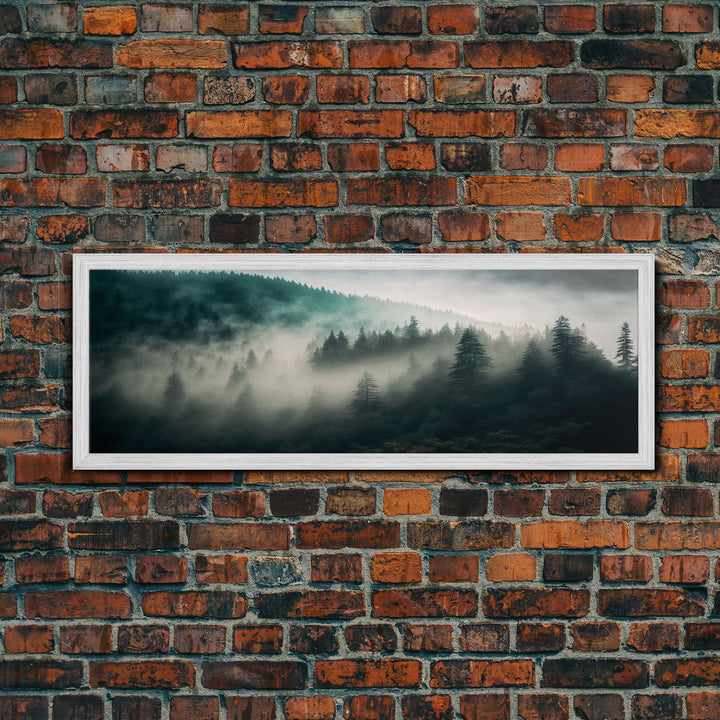 Panoramic watercolor of a misty forest fog, wall art, framed canvas print, farmhouse decor, foggy pine tree forest landscape, cabin art