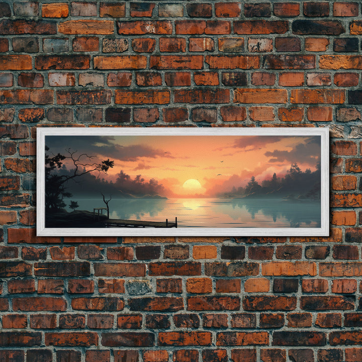 Custom Lakehouse Wall Art Framed Canvas Print, Gift For Him / Her, Lake House Decor, Watercolor Painting Of A Sunset Over The Lake