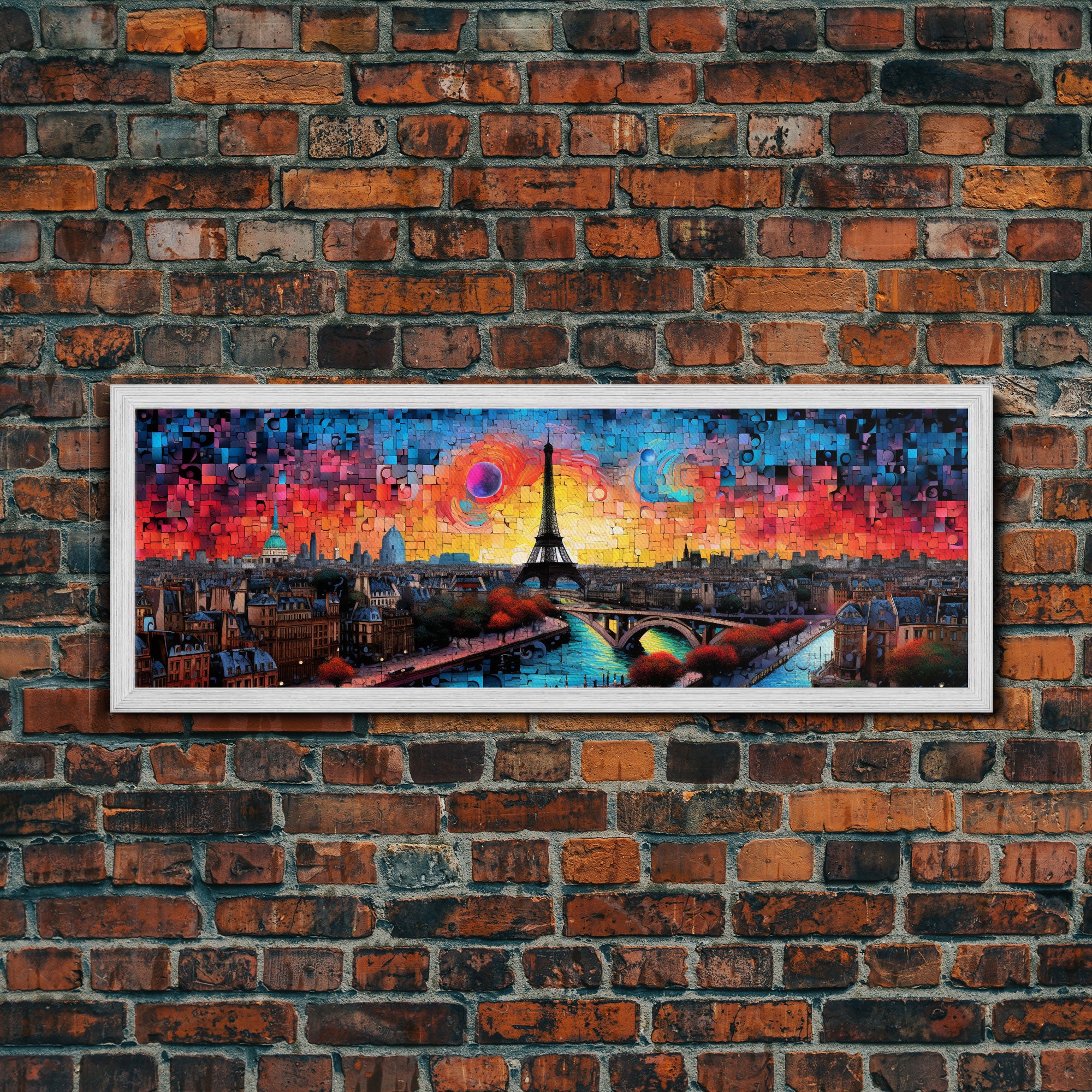 Jigsaw Abstract Paris France Panoramic Framed Canvas Print, Van Gogh Inspired Original Painting, Colorful Wall Art