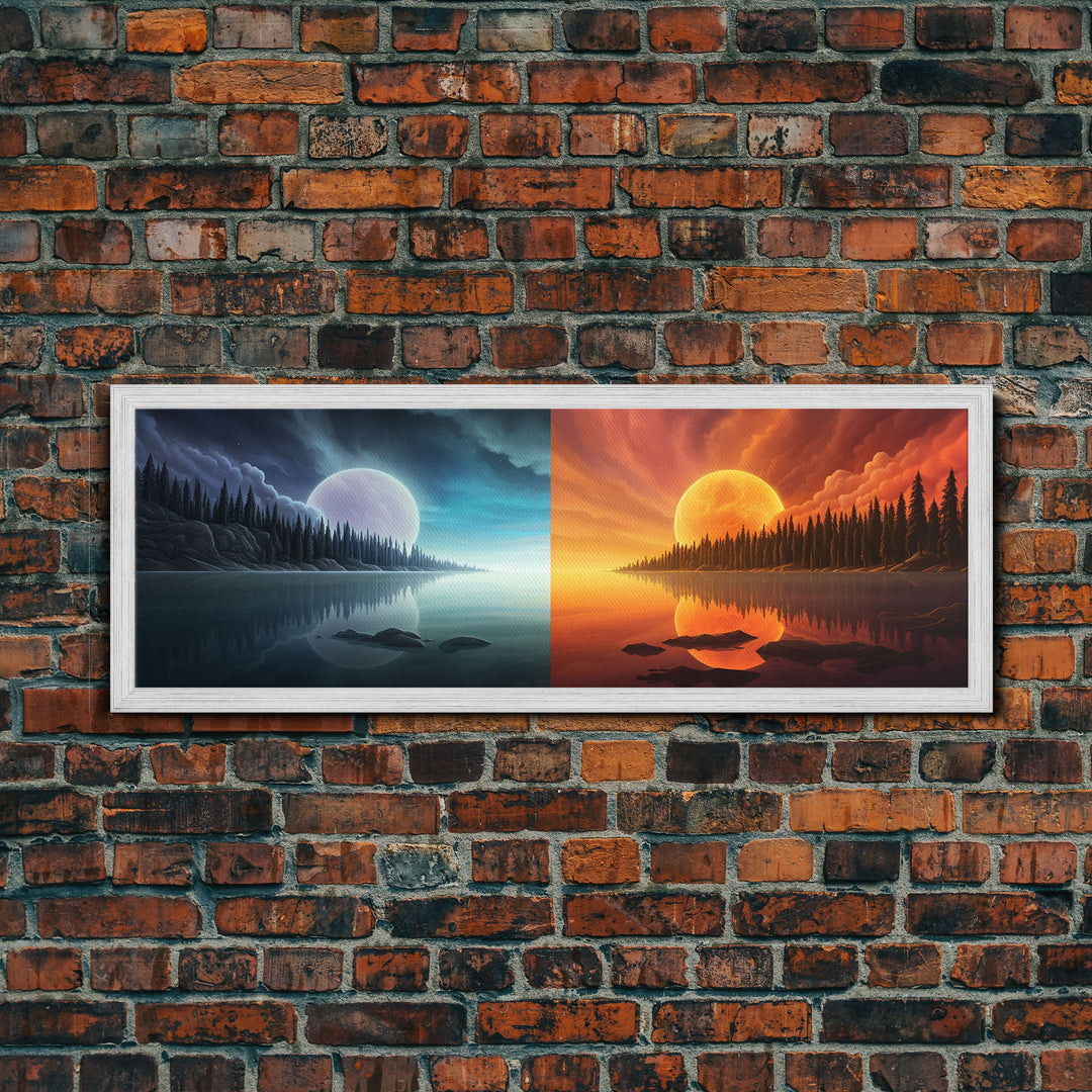 Night and Day Mirror Image Wall Art, Cool Reflection Wall Art, Framed Canvas Print, Pop Art, Minimalist Modern Art Landscape