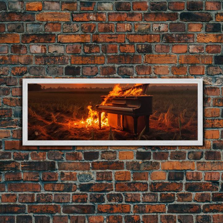 Urban Decay, Street Punk Art, Framed Canvas Print, Burning Grand Piano In A Field at Sunset, Dystopian Decor