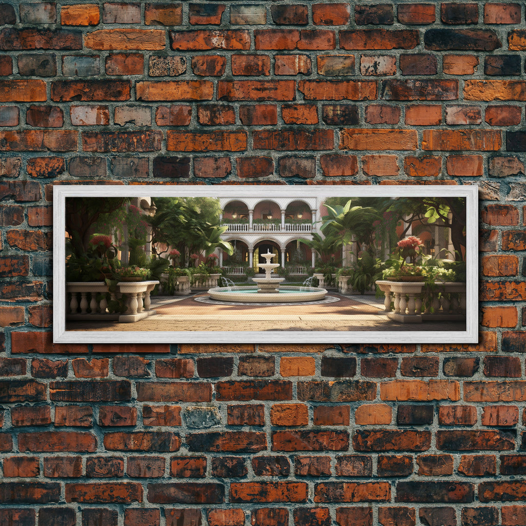 The Court Yard With The Marble Fountain, Framed Canvas Print, Watercolor Painting Framed Wall Art
