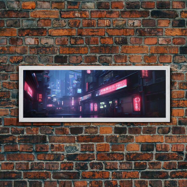 Neon Tokyo Streets, Futuristic Cyberpunk Cityscape Painting Framed Canvas Print, Game Room Decor, Framed Wall Art