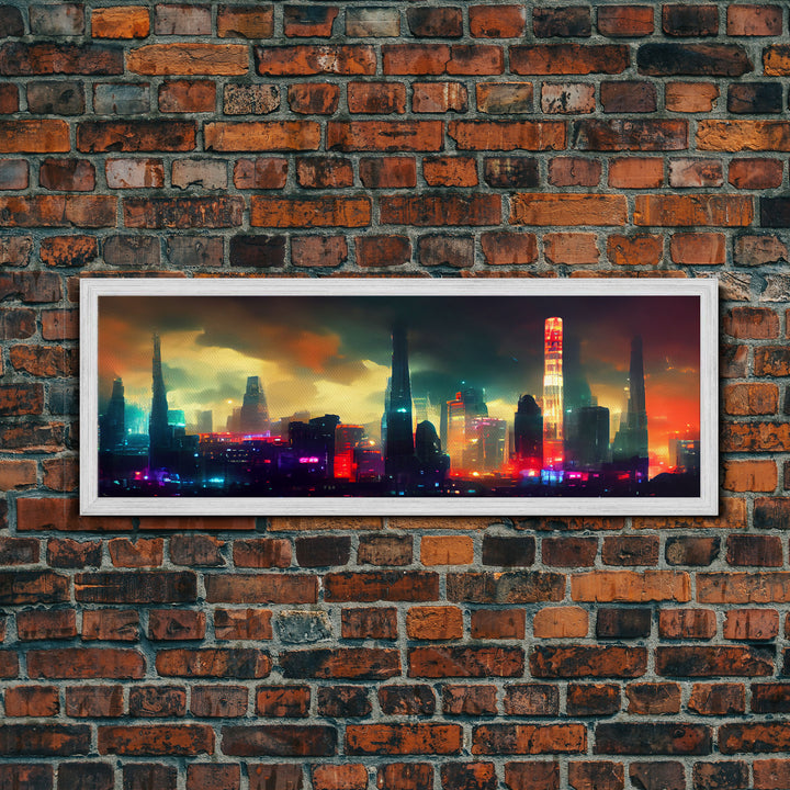 Cyber Punk Cityscape, Watercolor, Extra Large Wall Art, Framed Panoramic Canvas Print, Framed Wall Decor