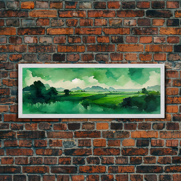 Watercolor Forest Landscape, Emerald Green, Extra Large Wall Art, Framed Panoramic Canvas Print, Framed Wall Decor