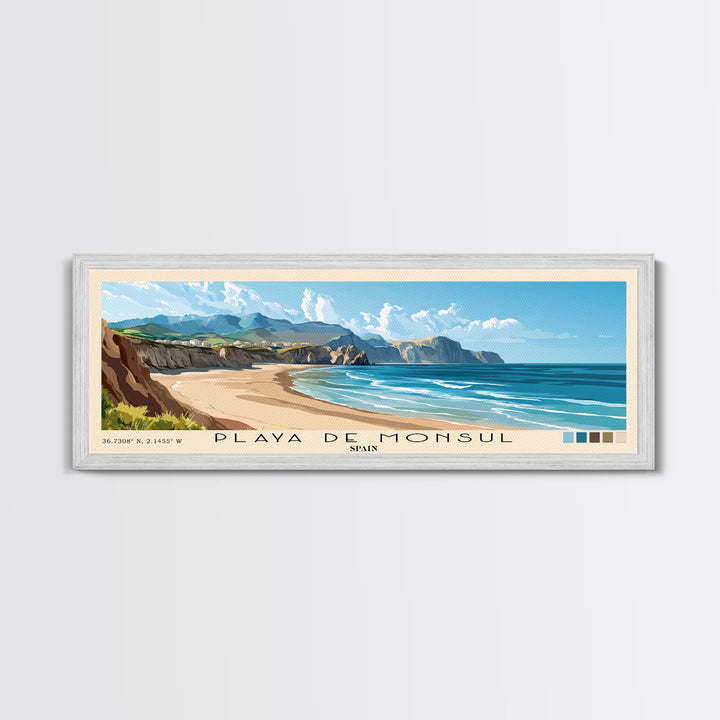 Playa de Monsul, Spain Panoramic Beach Print, Vacation Gift, Spain Wall Art, Framed Canvas Print, Framed Beach Painting