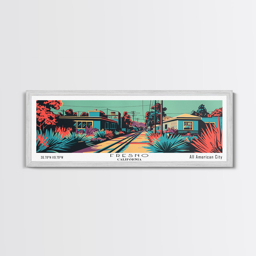 Fresno California Panoramic Framed Canvas Print, Travel Poster, Mid Century Modern Art, Pop Art Style, Wall Art, Home Decor, Living Room Art, Vintage Wall Art