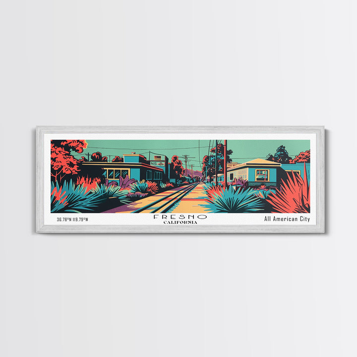 Fresno California Panoramic Framed Canvas Print, Travel Poster, Mid Century Modern Art, Pop Art Style, Wall Art, Home Decor, Living Room Art, Vintage Wall Art
