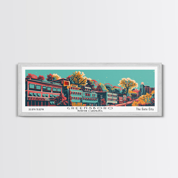 Greensboro North Carolina Travel Poster Framed Canvas Print, Panoramic Mid Century Modern Art, Pop Art Style, Wall Decor, Home Decor, Retro Style Art