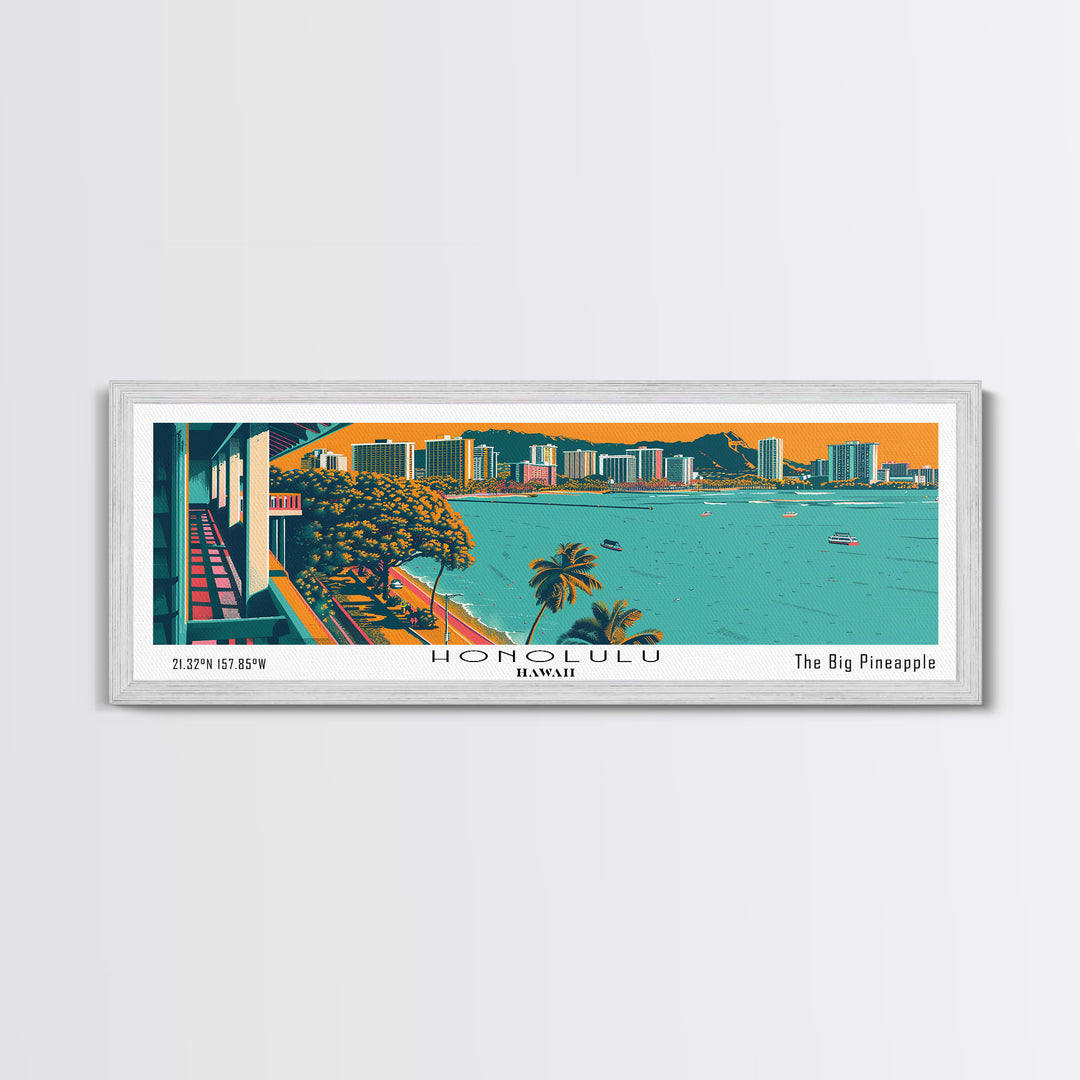 Honolulu Hawaii Panoramic Travel Poster Framed Canvas Print, Mid Century Modern Art, Pop Art Style, Wall Hanging, Home Decor, Vintage Wall Art, Office Wall Art