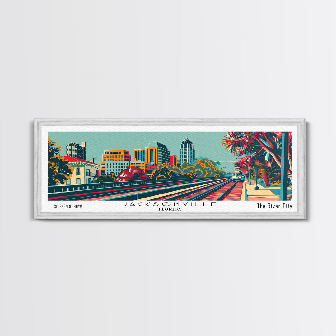 Jacksonville Florida Travel Poster Framed Canvas Print, Panoramic Mid Century Modern Art, Pop Art Style, Wall Art, Home Decor, Wall Hanging, Vintage Wall Art