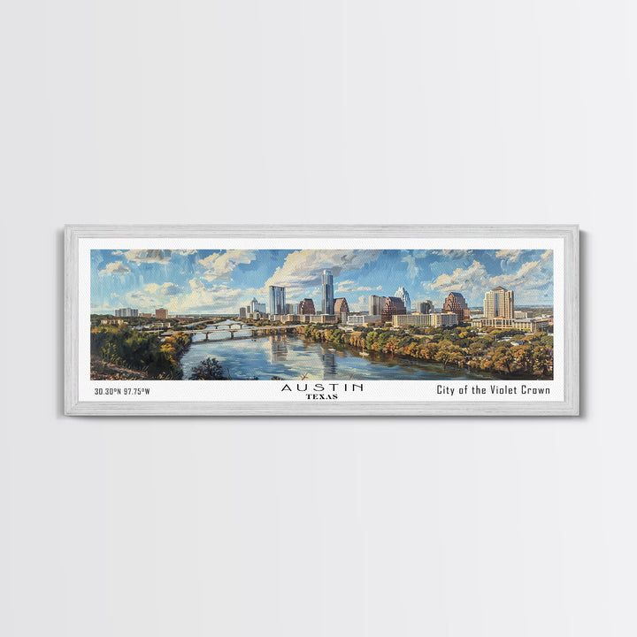 Austin Texas Panoramic Painting, Watercolor Framed Canvas Print, Scenic City Art, Travel Poster, Wall Decor, Living Room Art, Office Wall Art