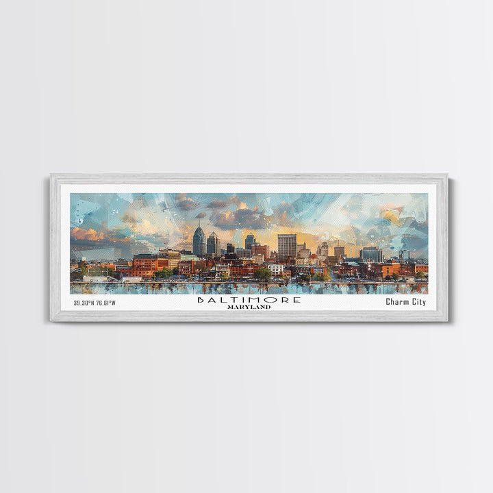 Baltimore Maryland Panoramic Painting, Watercolor Framed Canvas Print, Scenic City Art, Travel Poster, Home Decor, Wall Hanging, Office Wall Art