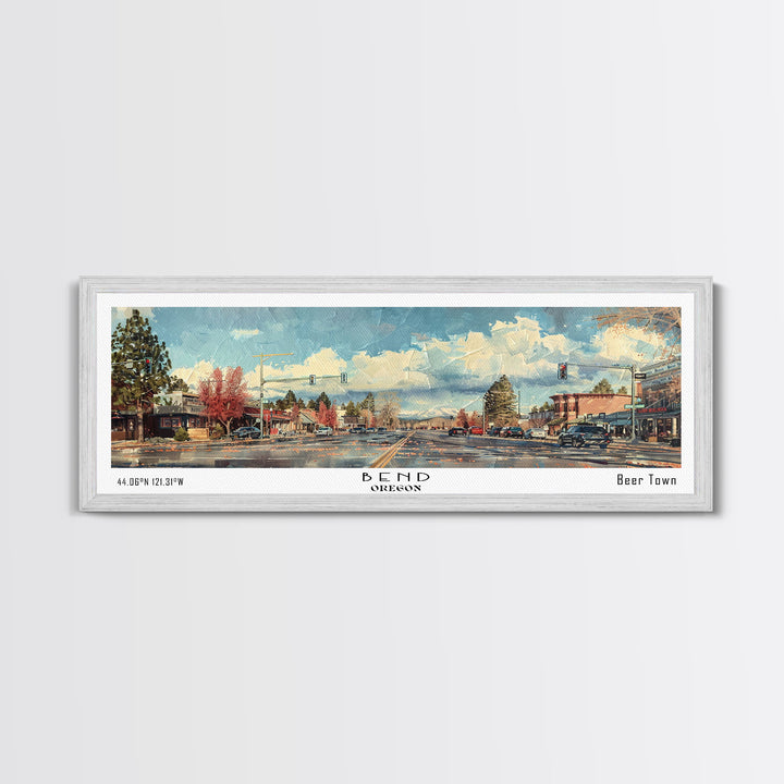 Bend Oregon Panoramic Painting, Watercolor Framed Canvas Print, Scenic City Art, Travel Poster, Home Decor, Wall Hanging, Living Room Art