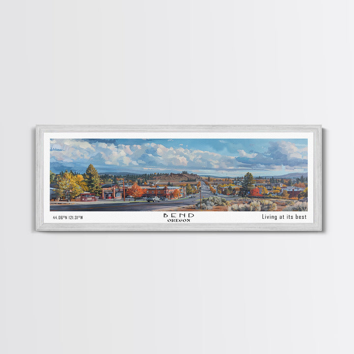 Bend Oregon Panoramic Watercolor Painting, Framed Canvas Print, Scenic City Art, Travel Poster, Wall Decor, Living Room Art, Gift Idea