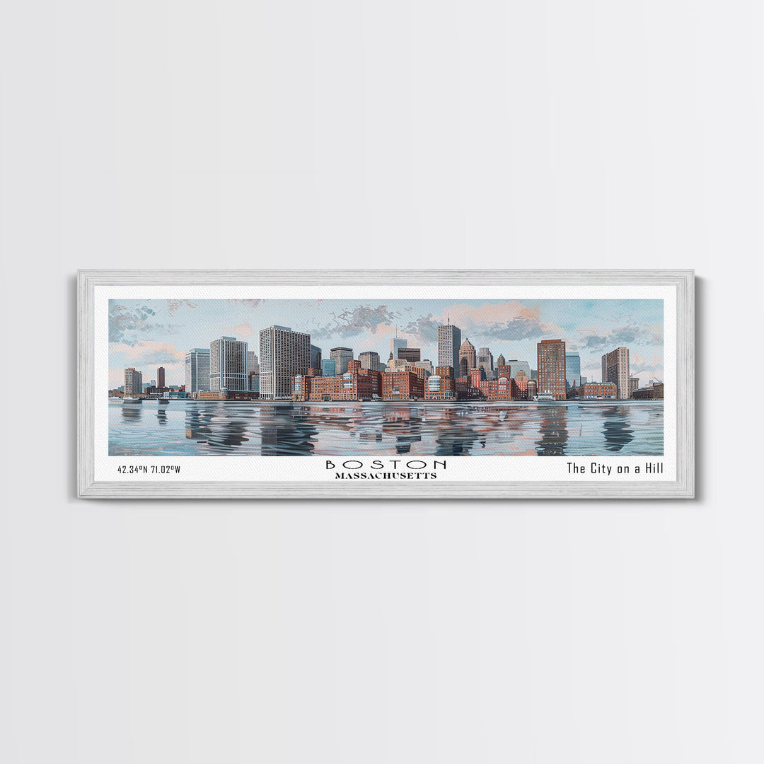 Boston Massachusetts Panoramic Painting, Watercolor Framed Canvas Print, Scenic City Art, Travel Poster, Home Decor, Wall Art, Office Wall Art