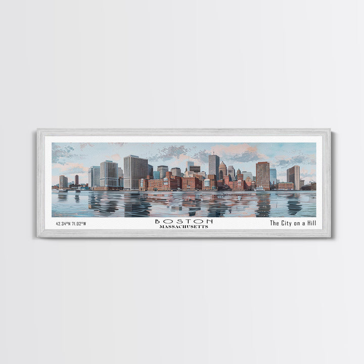 Boston Massachusetts Panoramic Painting, Watercolor Framed Canvas Print, Scenic City Art, Travel Poster, Home Decor, Wall Art, Office Wall Art