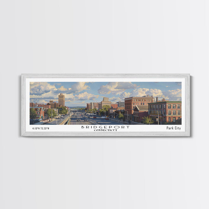 Bridgeport Connecticut Panoramic Painting, Watercolor Framed Canvas Print, Scenic City Art, Travel Poster, Home Decor, Wall Art, Office Wall Art