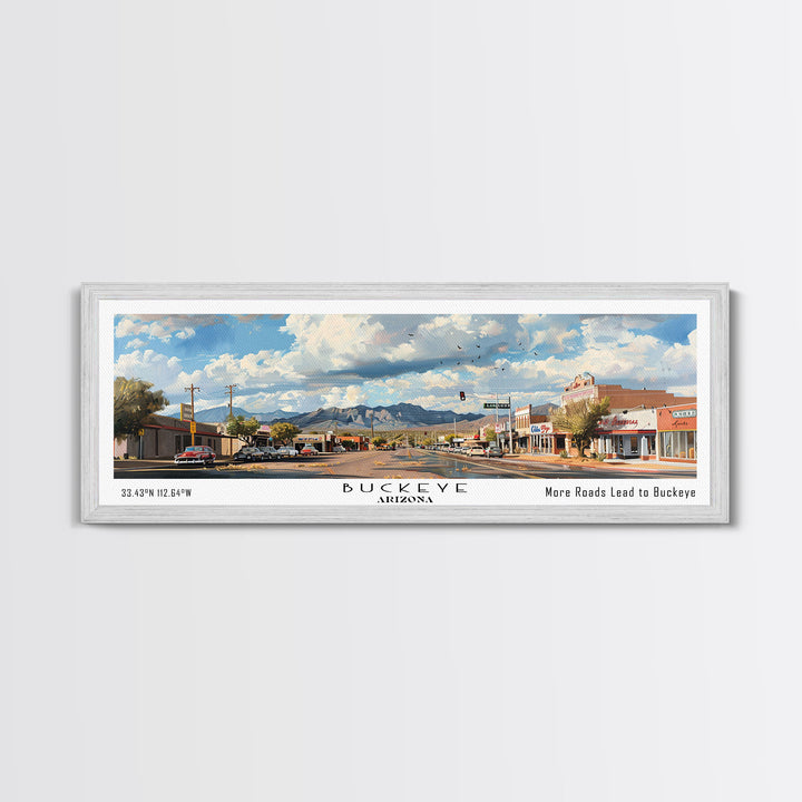 Buckeye Arizona Panoramic Watercolor Painting Framed Canvas Print, Travel Poster Art, Home Decor, Vibrant Arizona Cityscape, Office Decoration, Living Room Wall Art, Unique Gift