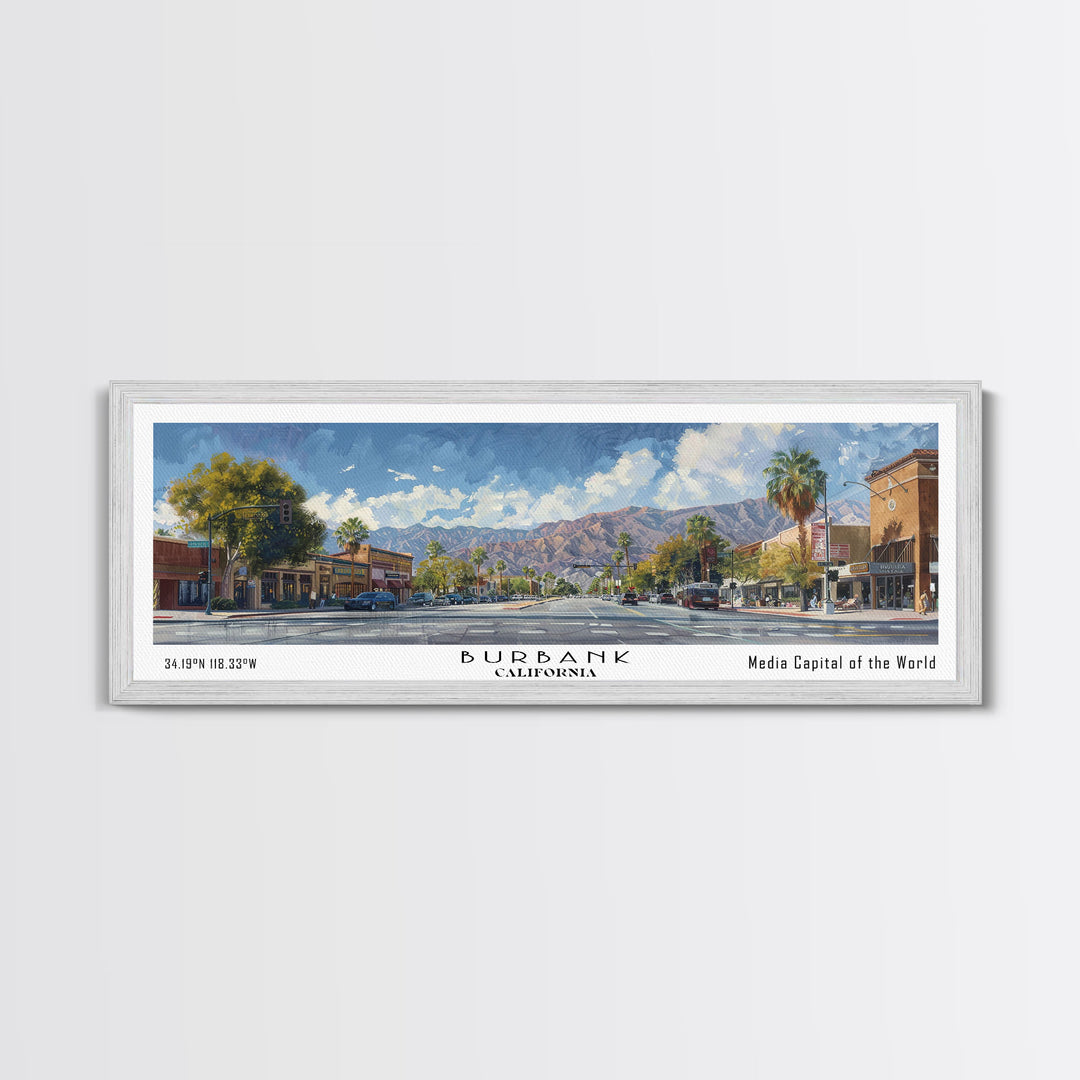 Burbank California Panoramic Watercolor Painting Framed Canvas Print, Travel Poster Art, Home Decor, Charming Cityscape, Bedroom Wall Art, Office Decoration, Gift for Travelers