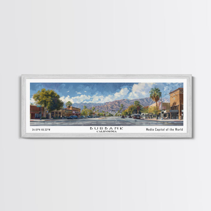Burbank California Panoramic Watercolor Painting Framed Canvas Print, Travel Poster Art, Home Decor, Charming Cityscape, Bedroom Wall Art, Office Decoration, Gift for Travelers