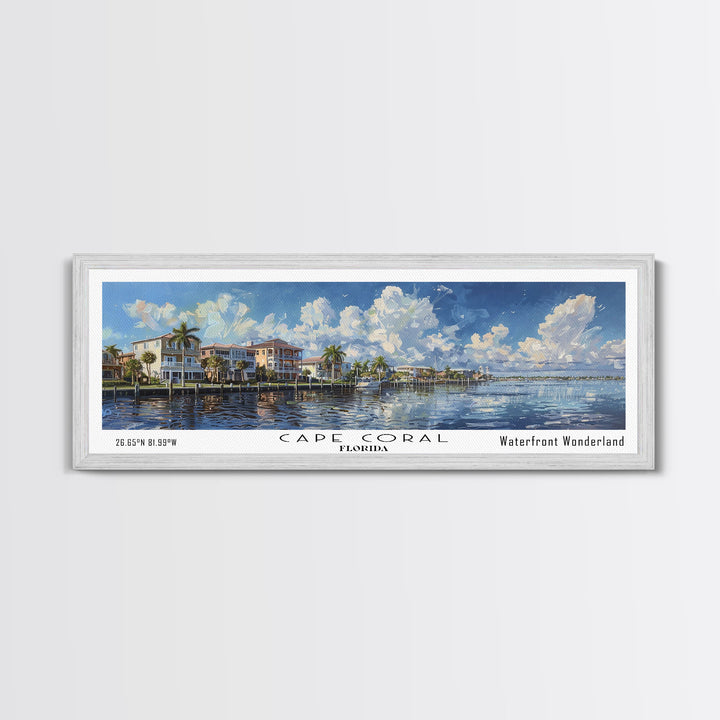 Cape Coral Florida Panoramic Watercolor Painting Framed Canvas Print, Travel Poster Art, Coastal Cityscape, Living Room Decor, Wall Hanging, Office Art, Unique Gift Idea