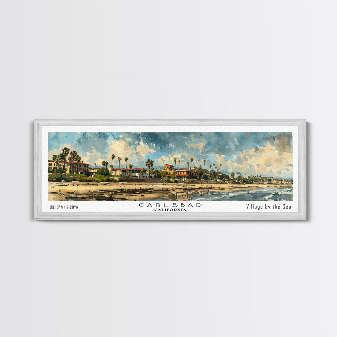 Carlsbad California Panoramic Watercolor Painting Framed Canvas Print, Travel Poster Art, Coastal Home Decor, Picturesque Cityscape, Wall Art for Bedroom, Office Wall Decoration, Travel Enthusiast Gift