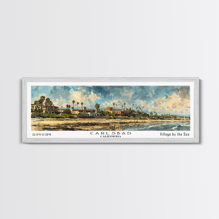 Carlsbad California Panoramic Watercolor Painting Framed Canvas Print, Travel Poster Art, Coastal Home Decor, Picturesque Cityscape, Wall Art for Bedroom, Office Wall Decoration, Travel Enthusiast Gift
