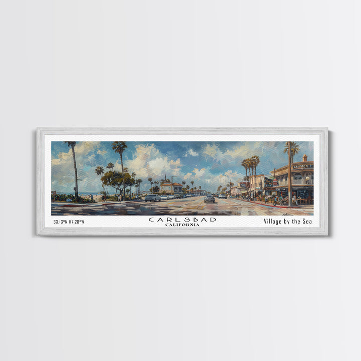 Carlsbad California Panoramic Watercolor Style Framed Canvas Print, Coastal Travel Poster, Home Decor, Picturesque Seascape, Office Wall Art, Living Room Decoration, Unique Gift Idea