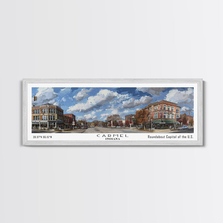 Carmel Indiana Panoramic Watercolor Painting Framed Canvas Print, Travel Poster Art, Home Decor, Picturesque Indiana Cityscape, Living Room Wall Art, Office Decoration, Gift for Art Lovers