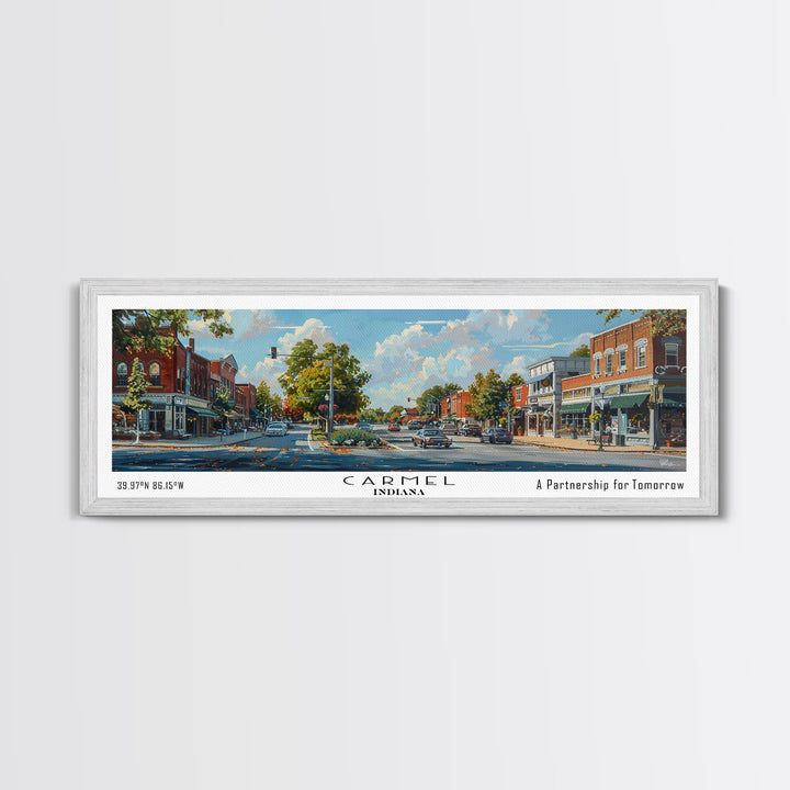 Carmel Indiana Panoramic Watercolor Painting Framed Canvas Print, Travel Poster Art, Charming Cityscape, Home Decor, Bedroom Wall Art, Office Decoration, Unique Travel Gift
