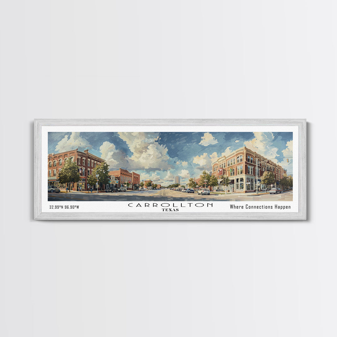 Carrolton Texas Panoramic Watercolor Painting Framed Canvas Print, Travel Poster Art, Home Decor, Vibrant Texas Cityscape, Living Room Wall Art, Office Decoration, Gift for Texans