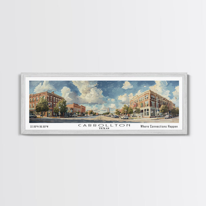 Carrolton Texas Panoramic Watercolor Painting Framed Canvas Print, Travel Poster Art, Home Decor, Vibrant Texas Cityscape, Living Room Wall Art, Office Decoration, Gift for Texans