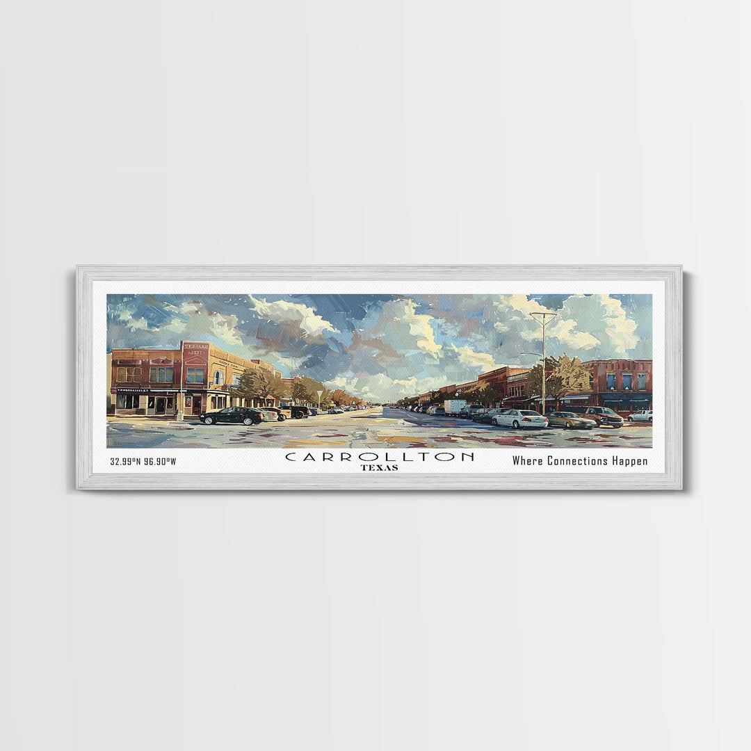 Carrolton Texas Panoramic Watercolor Painting Framed Canvas Print, Travel Poster Art, Home Decor, Texas City Landscape, Bedroom Wall Art, Office Decoration, Texas-Themed Gift