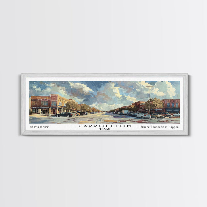 Carrolton Texas Panoramic Watercolor Painting Framed Canvas Print, Travel Poster Art, Home Decor, Texas City Landscape, Bedroom Wall Art, Office Decoration, Texas-Themed Gift