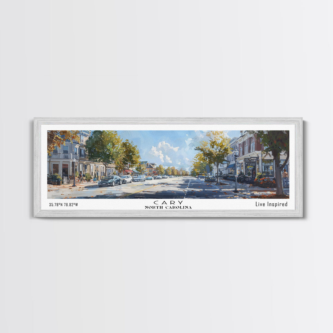 Cary North Carolina Panoramic Watercolor Painting Framed Canvas Print, Travel Poster Art, Home Decor, Picturesque North Carolina Landscape, Living Room Wall Art, Office Decoration, North Carolina Gift