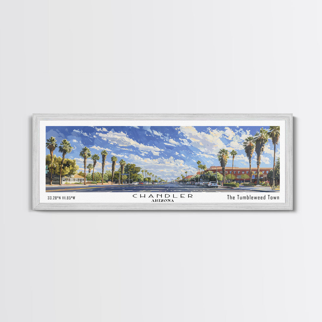 Chandler Arizona Panoramic Watercolor Painting Framed Canvas Print, Travel Poster Art, Home Decor, Vibrant Arizona Cityscape, Living Room Wall Art, Office Decoration, Gift for Art Lovers