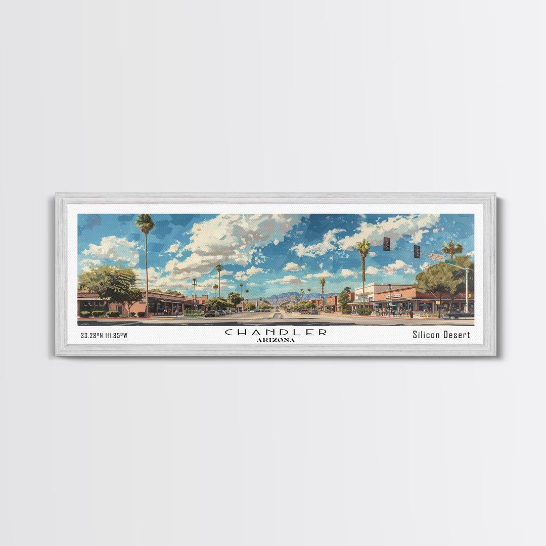 Chandler Arizona Panoramic Watercolor Painting Framed Canvas Print, Travel Poster Art, Home Decor, Desert Cityscape, Bedroom Wall Art, Office Decoration, Unique Travel Gift