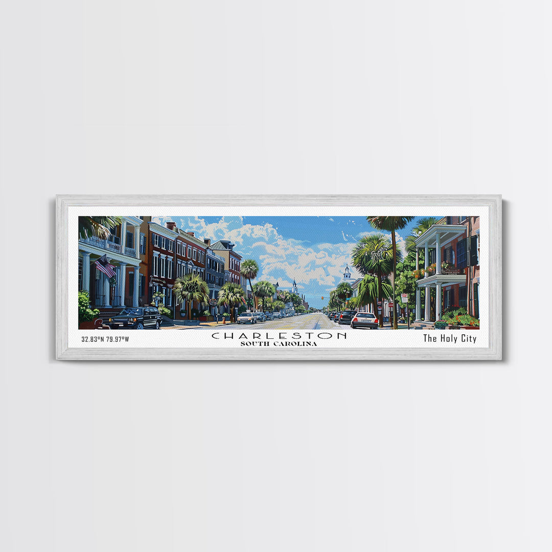 Charleston South Carolina Panoramic Watercolor Painting Framed Canvas Print, Travel Poster Art, Coastal Cityscape, Living Room Decor, Wall Hanging, Office Art, Southern Charm Gift