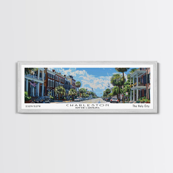 Charleston South Carolina Panoramic Watercolor Painting Framed Canvas Print, Travel Poster Art, Coastal Cityscape, Living Room Decor, Wall Hanging, Office Art, Southern Charm Gift