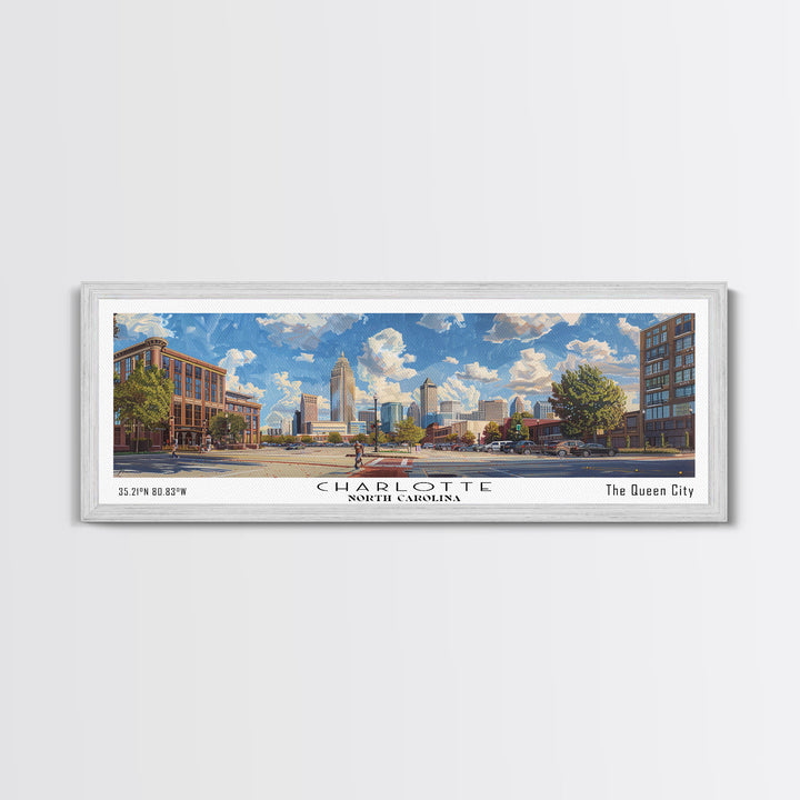 Charlotte North Carolina Panoramic Watercolor Painting Framed Canvas Print, Travel Poster Art, Urban Cityscape, Living Room Decor, Wall Art, Office Decoration, North Carolina Gift