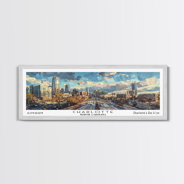 Charlotte North Carolina Panoramic Watercolor Painting Framed Canvas Print, Travel Poster Art, Urban Landscape, Home Decor, Bedroom Wall Art, Office Decoration, Unique Travel Gift