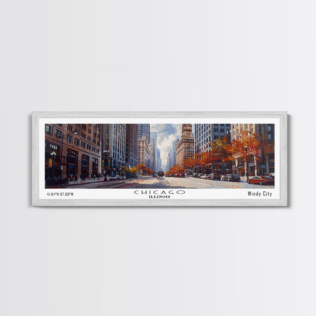 Chicago Illinois Panoramic Watercolor Painting Framed Canvas Print, Travel Poster Art, Urban Cityscape, Home Decor, Living Room Wall Art, Office Decoration, Gift for Chicago Lovers