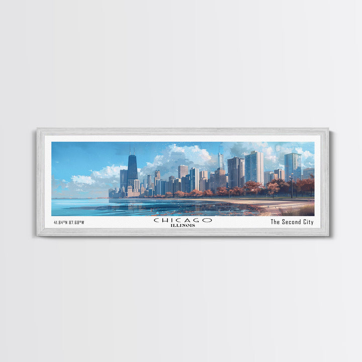 Chicago Illinois Panoramic Watercolor Painting Framed Canvas Print, Travel Poster Art, Urban Landscape, Bedroom Wall Art, Living Room Decoration, Office Wall Art, Windy City Gift