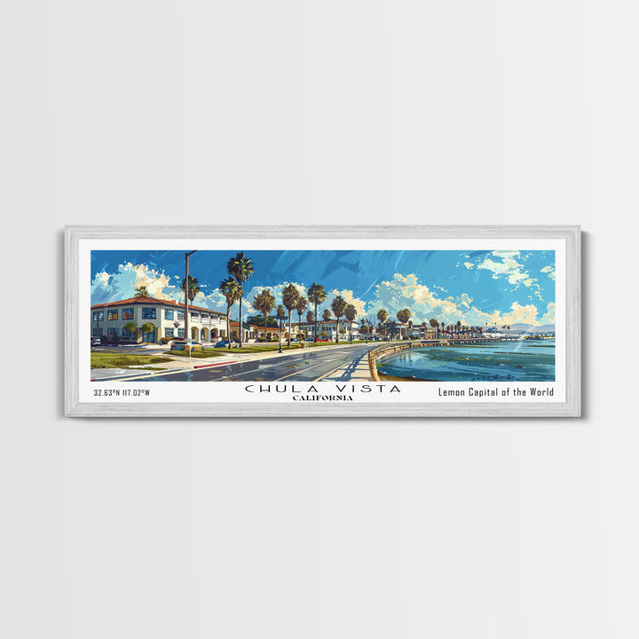 Chula Vista California Panoramic Watercolor Painting Framed Canvas Print, Travel Poster Art, Coastal View, Home Decor, Wall Hanging, Office Art, Gift for Coastal Lovers