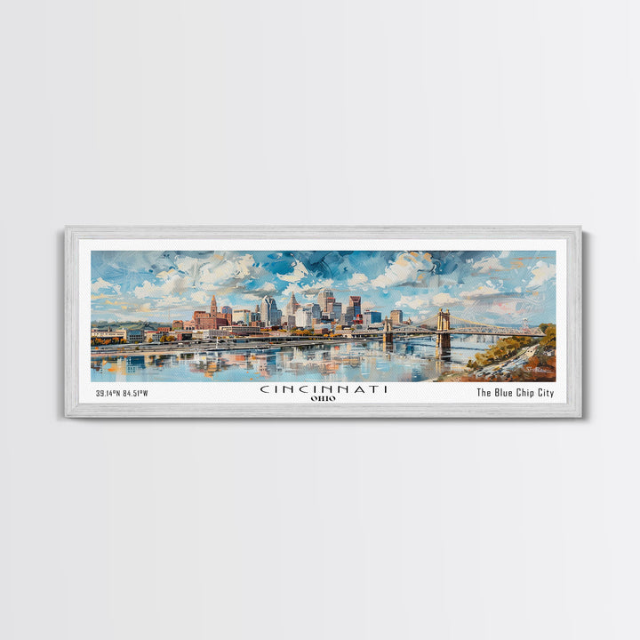 Cincinnati Ohio Panoramic Watercolor Painting Framed Canvas Print, Travel Poster Art, Urban Cityscape, Home Decor, Living Room Wall Art, Office Decoration, Gift for Ohioans