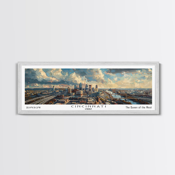 Cincinnati Ohio Panoramic Watercolor Painting Framed Canvas Print, Travel Poster Art, Urban Landscape, Bedroom Wall Art, Living Room Decoration, Office Wall Art, Ohio-Themed Gift
